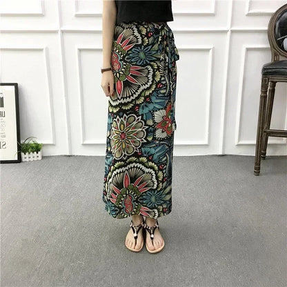 Summer Beach Floral Skirt for Women Cotton High Waist Wrap Maxi Skirt Long with Side Slit & Tie Detail Boho Style Design