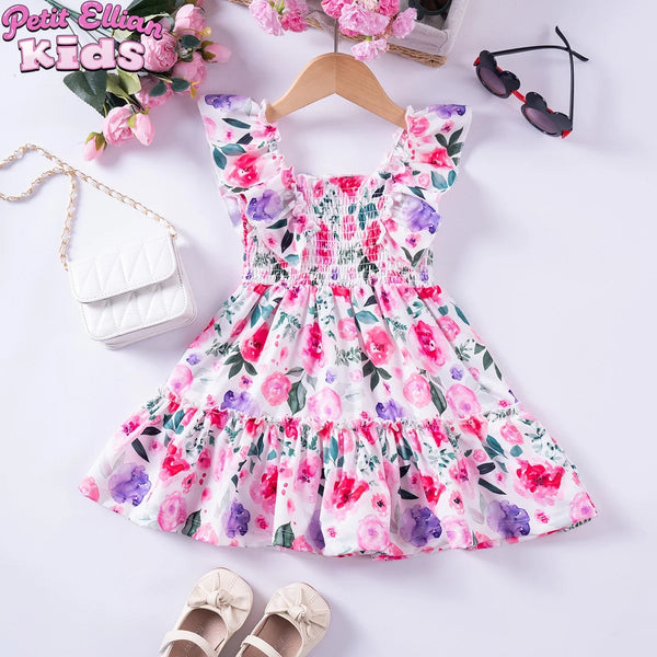 1 - 7 Y Baby Girls Sweet Floral Dress with Ruffled Sleeves & Smocked Waist - Perfect for Party & Summer Wear for Kids Girl Dress