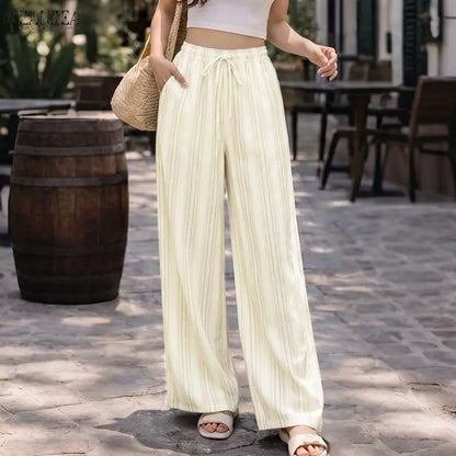 ZANZEA Women Casual Trousers Summer Bohemian Holiday Pants Elastic Waist Baggy Pantalon Vintage Lace -Up Striped Beach Palazzo