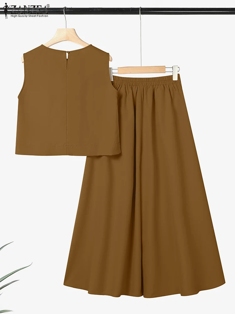ZANZEA Woman Fashion 2-Pieces Sets Summer Sleeveless Crop Tops & Wide Leg Pants 2pcs Suits Outfit Elegant Casual Loose Pant Sets