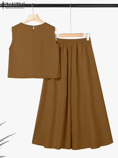 ZANZEA Woman Fashion 2-Pieces Sets Summer Sleeveless Crop Tops & Wide Leg Pants 2pcs Suits Outfit Elegant Casual Loose Pant Sets