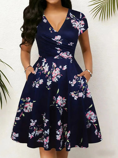 Elegant floral and printed V-neck mid-length pocket dresses for spring, summer and autumn, made of polyester blends