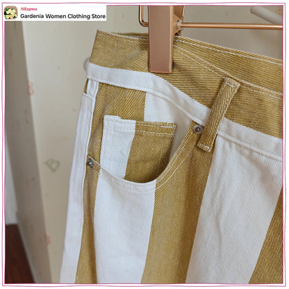 Fashion High-rise Striped Jeans for Women New in Tapered Jeans with Contrasting Stripes Stylish Cowgirls Pants with Five-pockets