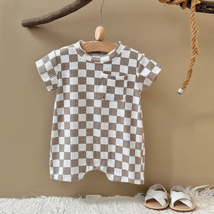 Summer Hot Newborn Baby Girl Clothes Summer Romper Sleeved Home Clothing Jumpsuit Chessboard pattern Toddler Bodysuit