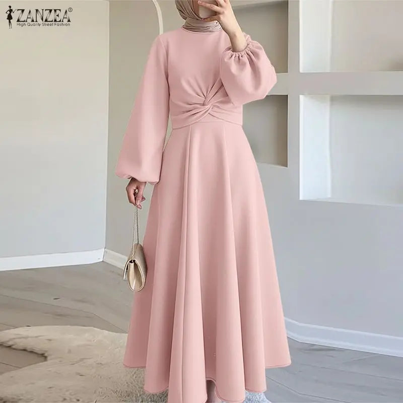 ZANZEA Elegant Muslim Abaya Dresses Ramadan Robe Stylish Women Long Lantern Sleeve Pleated Sundress Kaftan Solid Maxi Long Dress