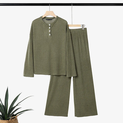 ZANZEA Women Ribbed Knit Pant Sets O-Neck Long Sleeve T-Shirt & Elastic Waist Pant 2 Piece Matching Sets Autumn Casual Co-ords