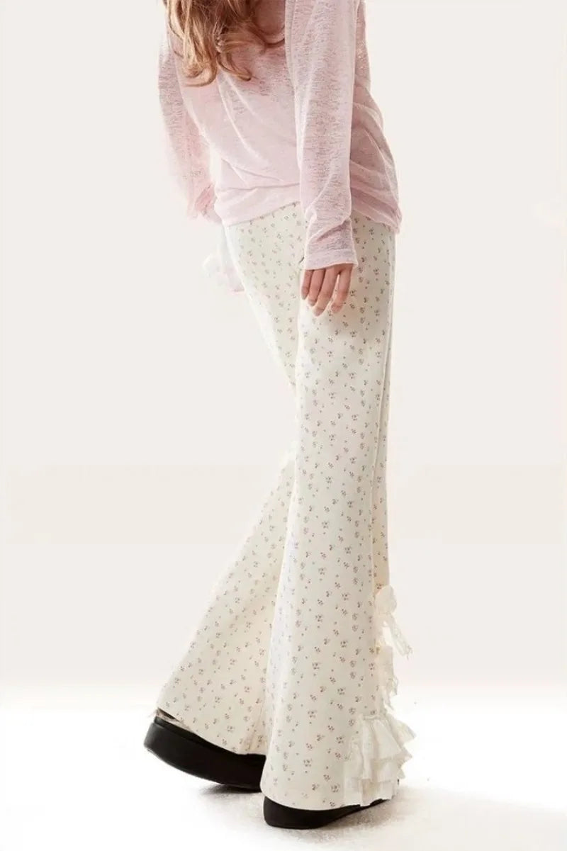 Girls' Micro Flare Pants 2026 Spring Autumn New French Bow Lace Floral Print Slimming Figure Flattering Casual Pants