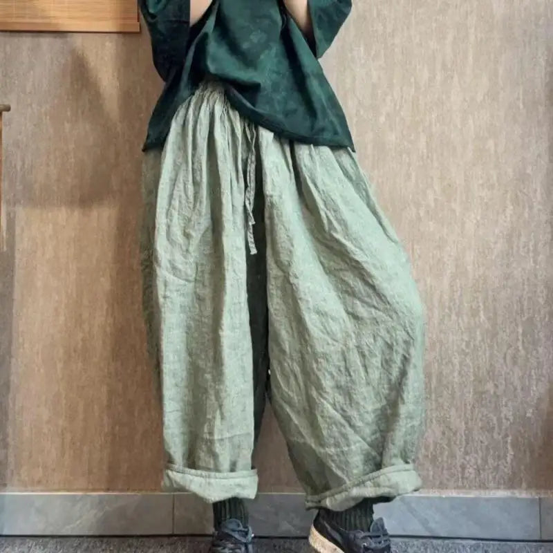 New 2026 Spring Summer Arts Style Women Elastic Waist Loose Vintage Ankle-length Pants High Quality Cotton Linen Wide Leg Pants