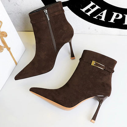Fashion Sexy High-Heeled Boots Women Shoes Belt Buckle Side Zipper Ladies Ankle Boots Pointed Suede Women Boots Stilettos 9 cm