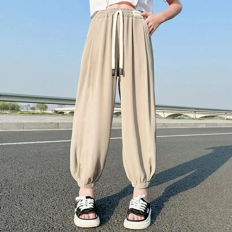 Girls' Mosquito Repellent Summer Tapered Pants Viscose Lightweight Loose Fitting Harem Pants with Elastic Cuffs for Activities