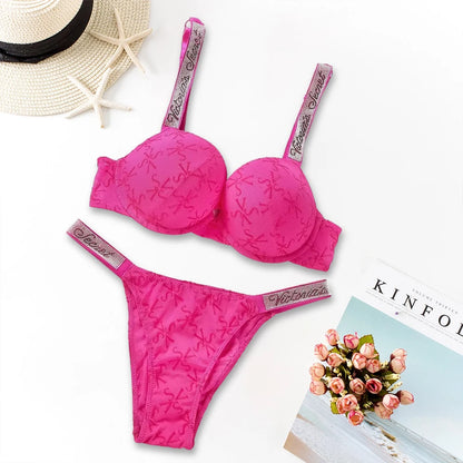 Victoria's Secret Lingerie Set Heart Pattern Trim Stretchy Breathable underwear Set Women's Sexy Lace Bralette Bra and Panty Set