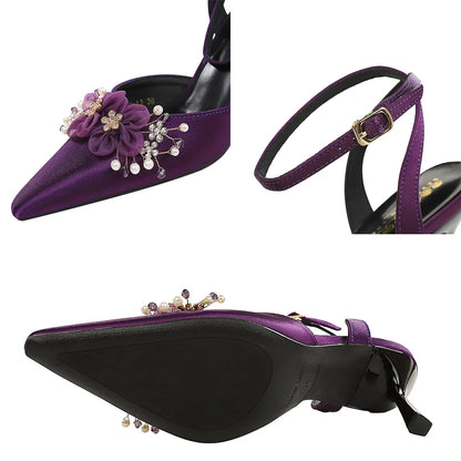 Large Size 43 Women Pumps Flower Rhinestone Design High Heels Hollow Satin Silk High-heeled Sandals Women Summer Shoes Stiletto