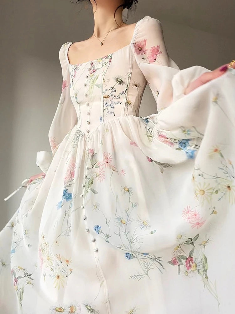 French Elegant Floral Midi Dress Chiffon Long Sleeve Evening Party Dress Woman Beach Fairy One Piece Dress Korean 2026 Summer