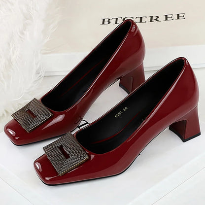 BIGTREE Shoes Metal Buckle Women Pumps Square Head Mid Heel Women Shoes Patent Leather Luxury Banquet Shoes Kitten Heels Lady
