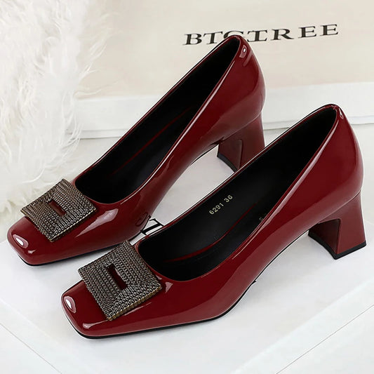 BIGTREE Shoes Metal Buckle Women Pumps Square Head Mid Heel Women Shoes Patent Leather Luxury Banquet Shoes Kitten Heels Lady
