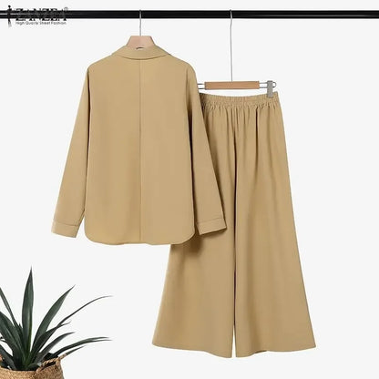2026 ZANZEA Office Lady Pants Sets Women V Neck Long Sleeve Tops Wide Leg Trousers Suit 2026 Spring Solid Work Outfits Tracksuit