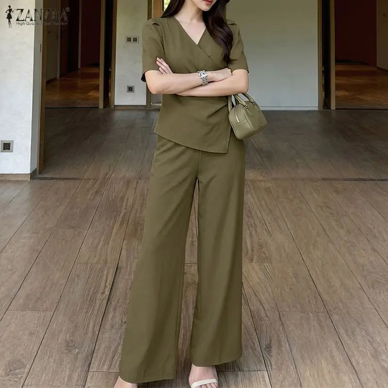 ZANZEA Women Elegant Chic 2pcs Pant Sets Short Sleeve Asymmetrical Blouses & Wide Leg Pants 2 Piece Suits OL Commute Outifts