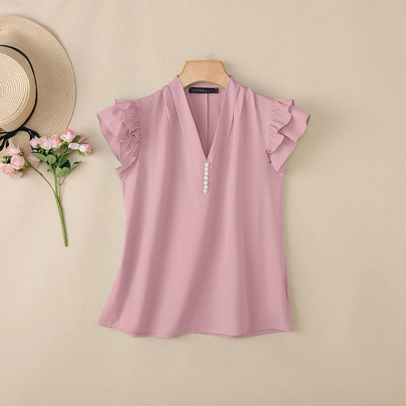 ZANZEA Women Sophisticated Elegant Flying Sleeves Blouses V-Neck Pearls Detail Solid Color Tops Summer Pleated Blusas de Mujer
