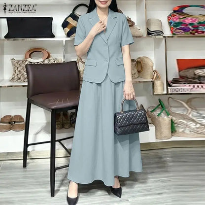 ZANZEA Women Elegant Chic Matching Skirt Sets Lapel Collar Short Sleeve Tops & A-Line Maxi Skirts 2pcs Suits Office Wear Outfits