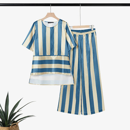 ZANZEA Fashion Short Sleeve Blouse Wide Leg Pant Sets Summer 2 Picece Set Women Striped Outfit Elegant Work Suit Stain Tracksuit
