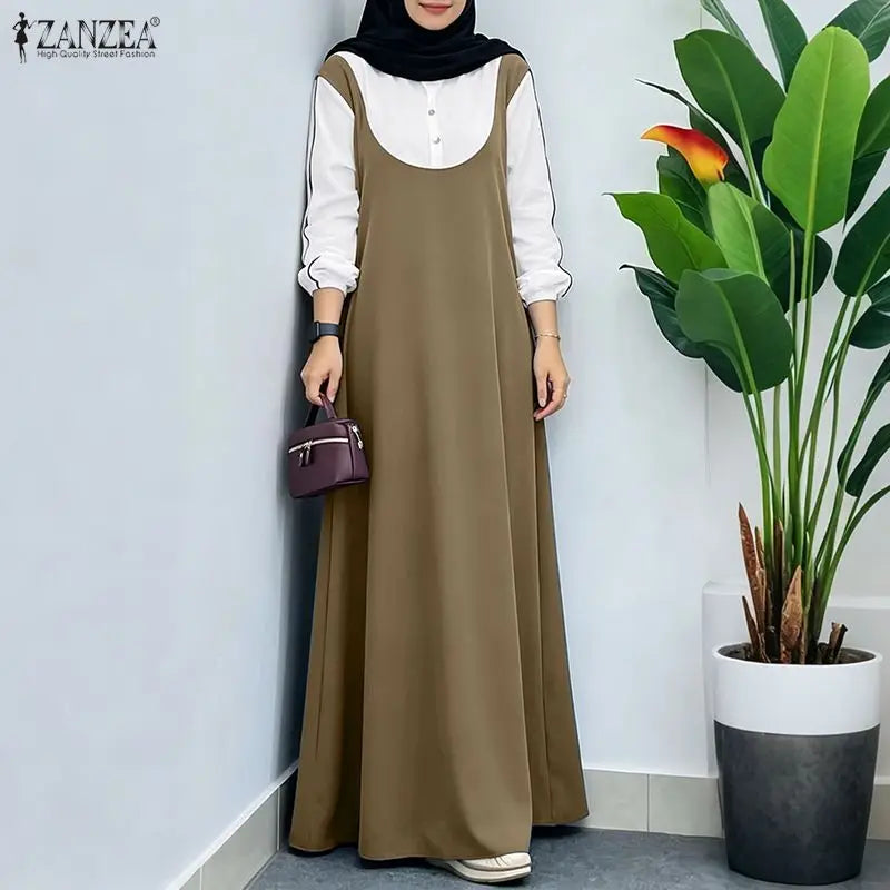 Women Patchwork Muslim Abaya Dress ZANZEA Ramadan Robe Stylish O Neck Long Sleeve Loose Sundress Casual Kaftan IsIamic Clothing