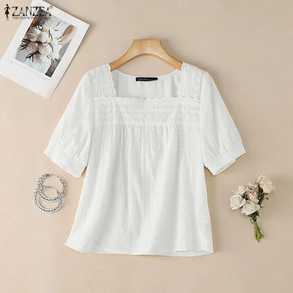 ZANZEA Openwork Embroidered Blouses for Woman Elegant Lace Trim Square Neck Tops Summer Feminine Short Puff Sleeve Blusas Mujer