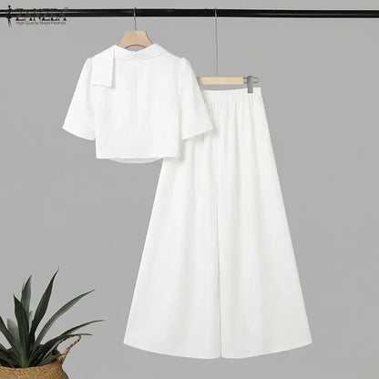 Stylish Summer Outfits ZANZEA Women 2 Pieces Sets Tracksuit Elegant Hollow Out Short Sleeve Blouse Wide Leg Pant Sets Streetwwar