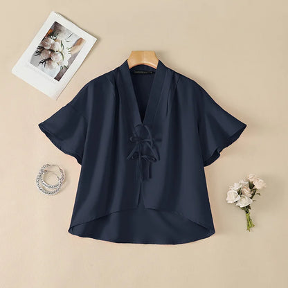 ZANZEA Vintage Kimono Blouses Woman V-Neck Short Sleeve Bow Details High-Low Pullover Tops Casual Day Wear Loose Blusas Mujer