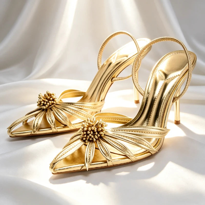Black Flower Detail High Stiletto Heels Women Sexy Pointed-Toe Openwork Slingback Heeled Sandals for Ladies Elegant Women Shoes