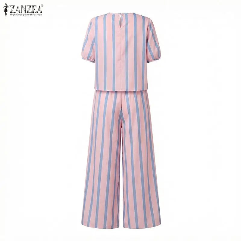 ZANZEA Women's Casual Striped 2-Piece Pant Sets Short Sleeve Loose Blouse & Wide Leg Trousers Suits Stylish Everyday Work Outfit