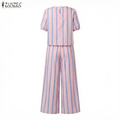 ZANZEA Women's Casual Striped 2-Piece Pant Sets Short Sleeve Loose Blouse & Wide Leg Trousers Suits Stylish Everyday Work Outfit
