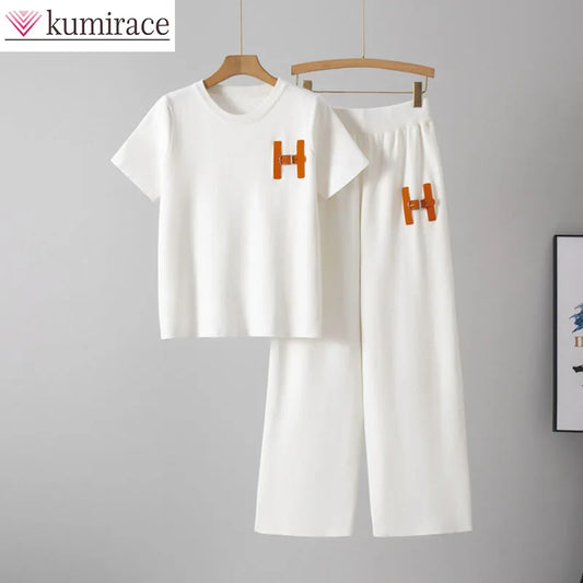 Lazy Fashion Suit Summer New Style Women's Short Sleeved Casual Sports Wide Leg Long Pants Two-piece Set Trendy Pant Sets