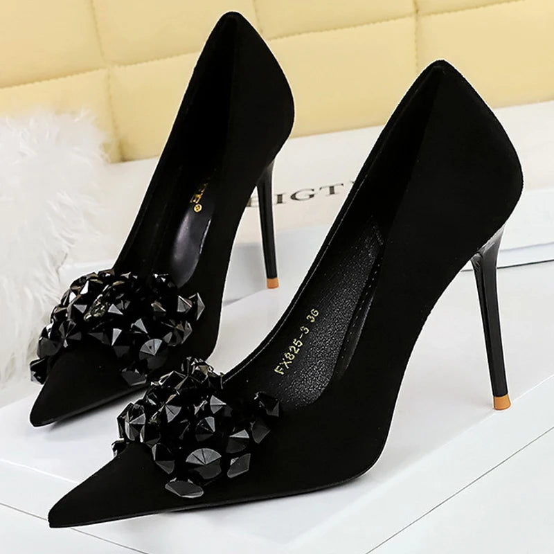 BIGTREE Shoes 2026 Rhinestone Women Pumps Bowknot High Heels Luxury Gemstone Banquet Shoes Stilettos Heels 9 Cm Ladies Shoes