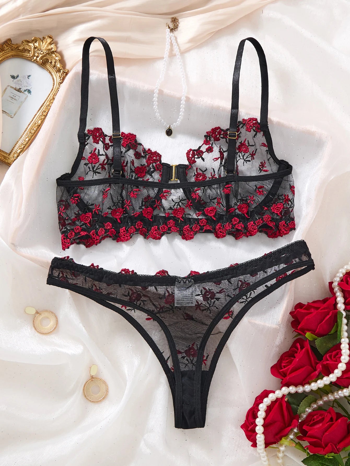 Women Black Red Floral Embroidery Lingerie Set Sheer Mesh Front Closure Underwire Bra & Thong 2‑Piece Intimate Underwear S‑XL