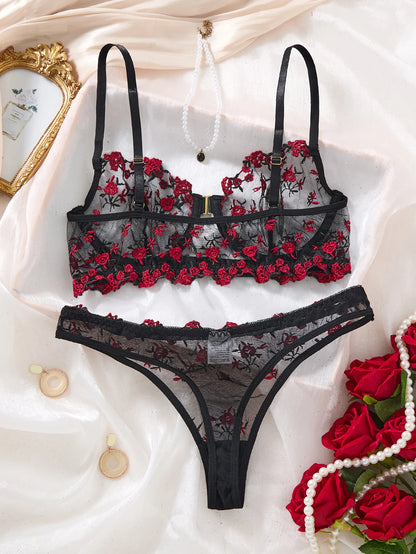 Women Black Red Floral Embroidery Lingerie Set Sheer Mesh Front Closure Underwire Bra & Thong 2‑Piece Intimate Underwear S‑XL