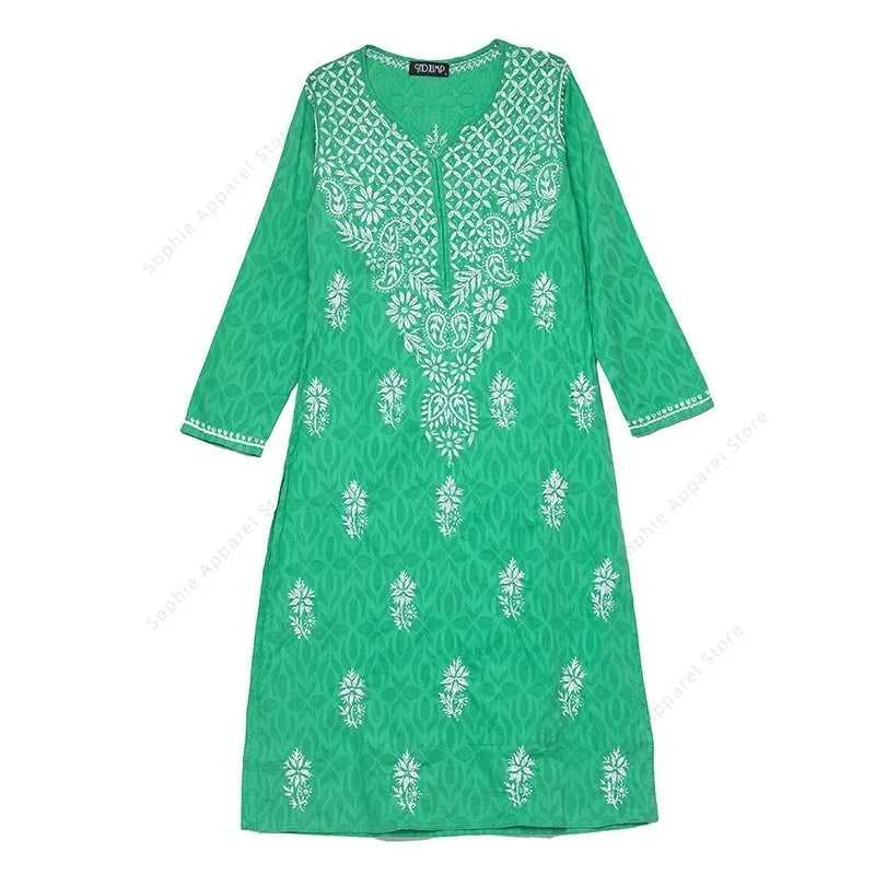 Women's Embroidered Kurti Indian/Pakistani Tunic Top Spring Summer Thin Traditional South Asian Dress Top Green Blouse Cotton