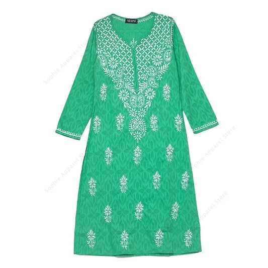 Women's Embroidered Kurti Indian/Pakistani Tunic Top Spring Summer Thin Traditional South Asian Dress Top Green Blouse Cotton