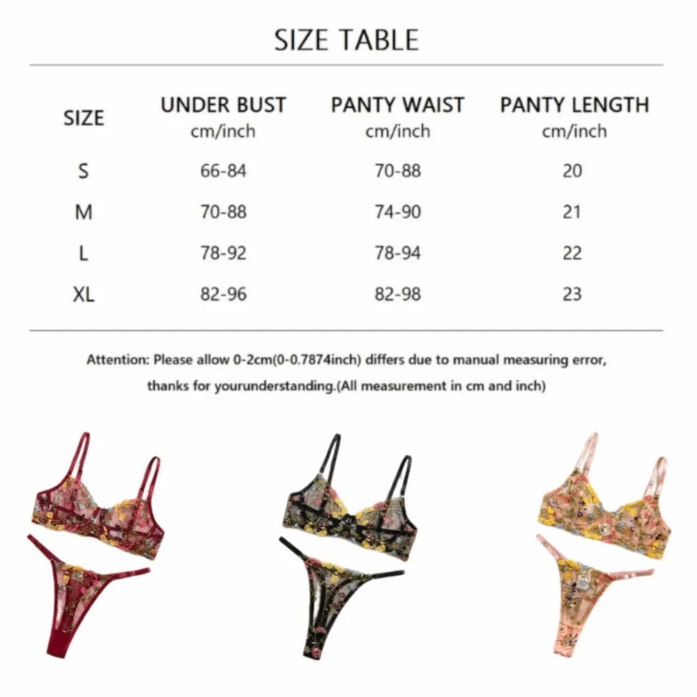 2-Piece Fashion Floral Lingerie Set Embroidery Sheer Underwear Intimates Underwire Push-up Versatile Bra Panty Set For Lady Girl