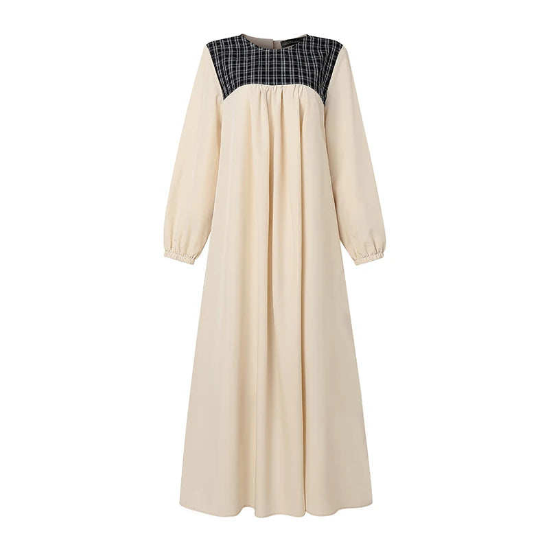 ZANZEA Elegant Muslim Abaya Dress Women Long Sleeve Plaid Patchwork Maxi Robe A-Line Loose Eid Modest Dresses Casual Kaftan 2026