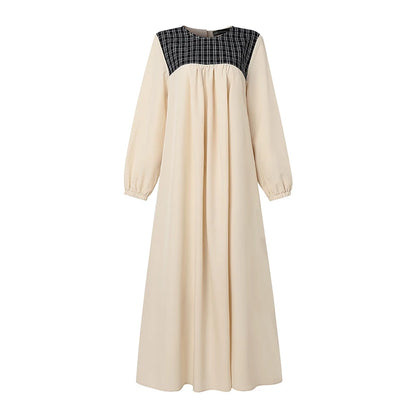 ZANZEA Elegant Muslim Abaya Dress Women Long Sleeve Plaid Patchwork Maxi Robe A-Line Loose Eid Modest Dresses Casual Kaftan 2026