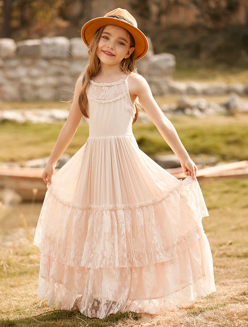 Big Girls Flower Wedding Party Backless Chiffon Dress Princess Kids Bohemia Lace Long Dresses Vestidos Clothing For 3-15 Years