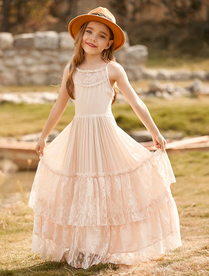 Big Girls Flower Wedding Party Backless Chiffon Dress Princess Kids Bohemia Lace Long Dresses Vestidos Clothing For 3-15 Years