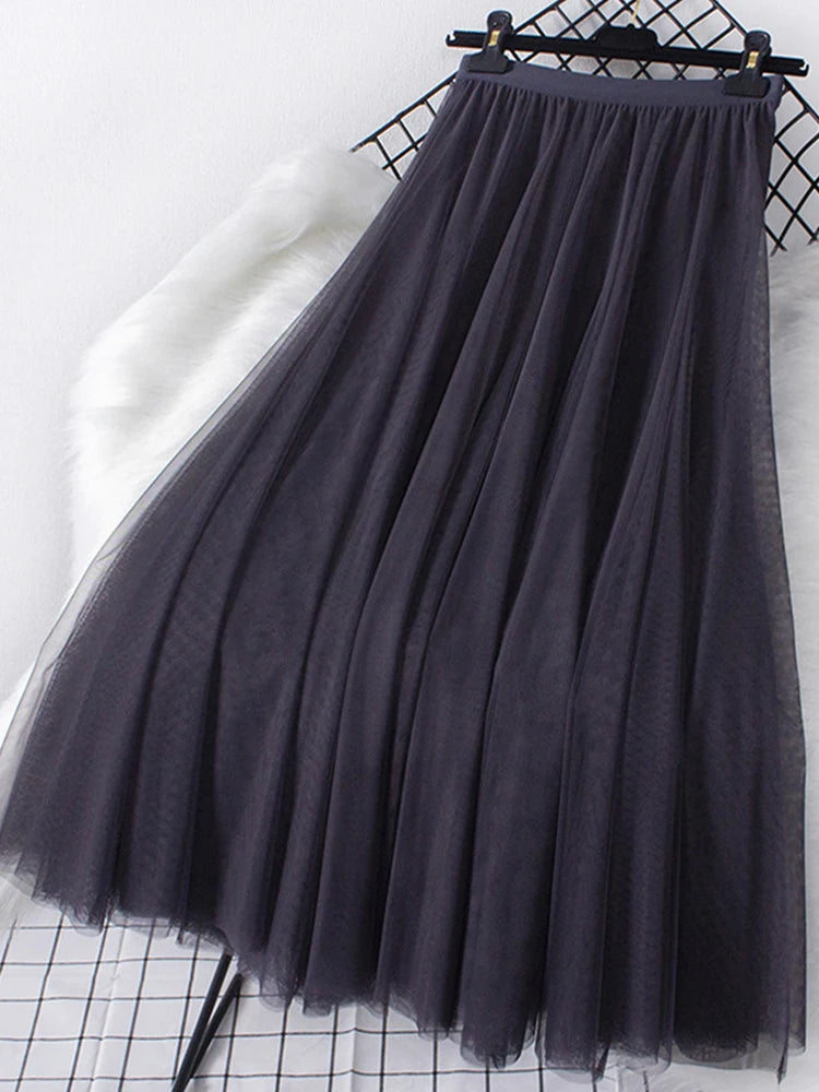New Big Hem Long Tulle Skirt Women Korean Casual Simple Solid 3 Layers A Line High Waist Maxi Skirt Female Lady Purple