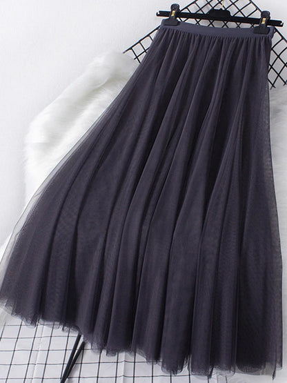New Big Hem Long Tulle Skirt Women Korean Casual Simple Solid 3 Layers A Line High Waist Maxi Skirt Female Lady Purple