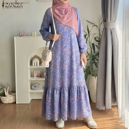 Women Bohemain Printed Maxi Dress ZANZEA Elegant Muslim Abaya Casual Long Sleeve Floral Sundress Kaftan Robe Femme Hijab Vestido