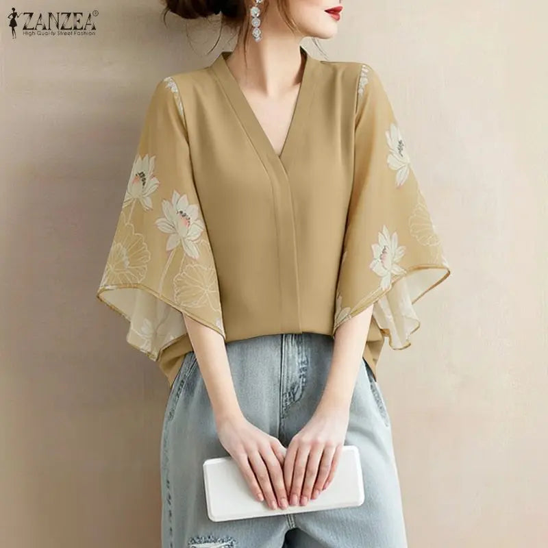 ZANZEA Floral Print Patchwork Casual Blouses for Woman V-Neck 3/4 Sleeve Blusas de Mujer Spring Summer Elegant Loose Tunic Tops