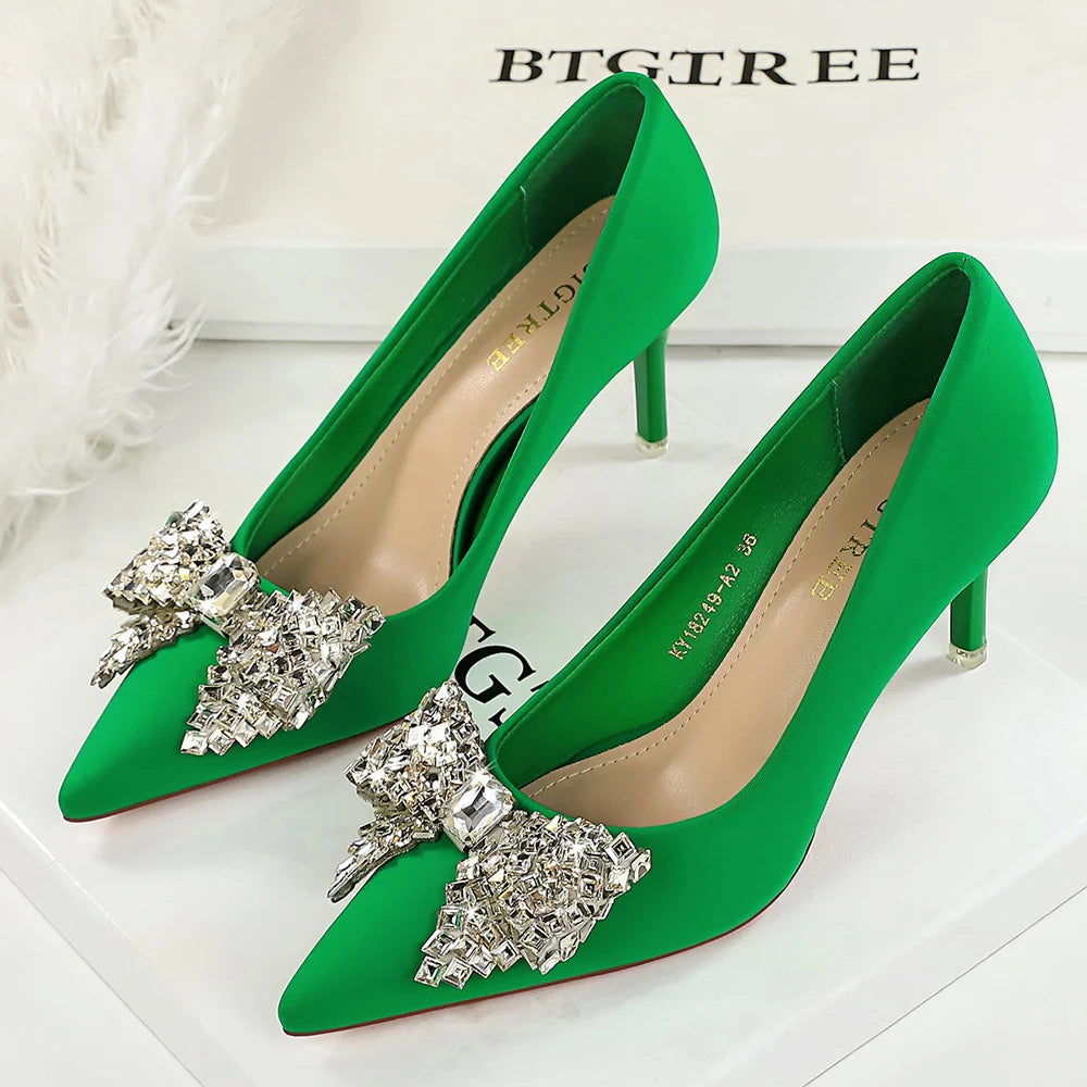Women 7.5 cm 10.5 cm Heels Rhinestone Bow Women Pumps Silks Satins High Heels Stiletto Luxury Banquet Shoes Large Size 42 43