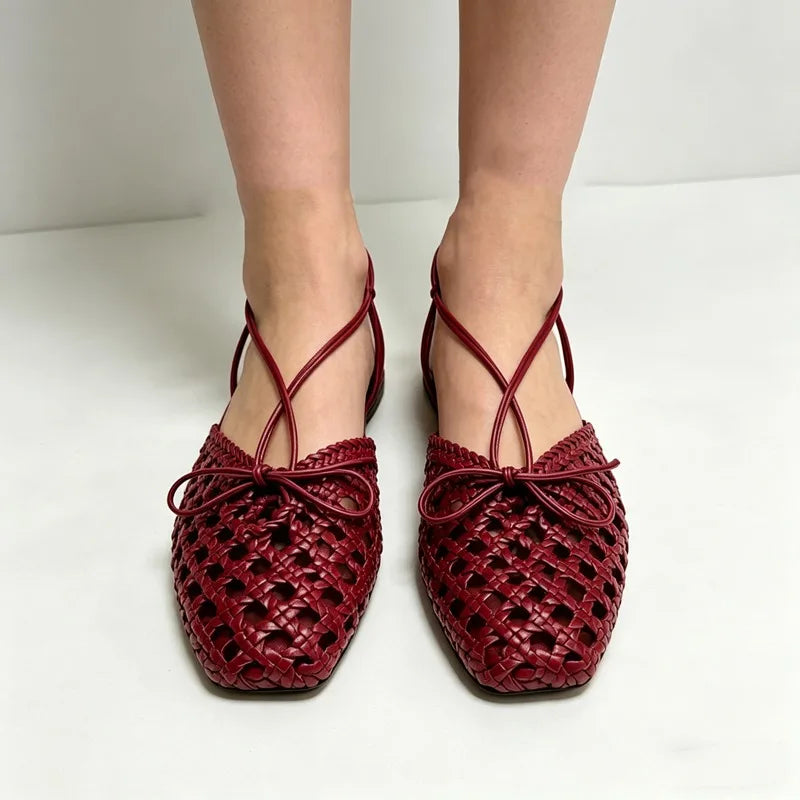 Hand Woven Back Strap Flat Sandals Women Braided Upper Design Slingback Cage Flats for Girl Cute Bow Detail Summer Casual Shoes