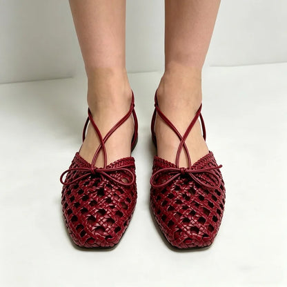 Hand Woven Back Strap Flat Sandals Women Braided Upper Design Slingback Cage Flats for Girl Cute Bow Detail Summer Casual Shoes