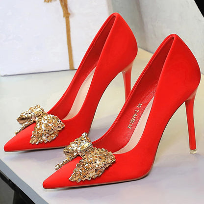 BIGTREE Shoes Luxury High Heels Women Pumps Rhinestone Bowknot Banquet Shoes Women Heels Stiletto Sexy Party Shoes Plus Size 43